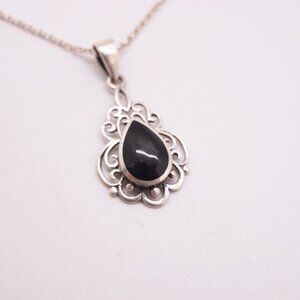 Sterling Silver and Onyx Teardrop Pendant Necklace